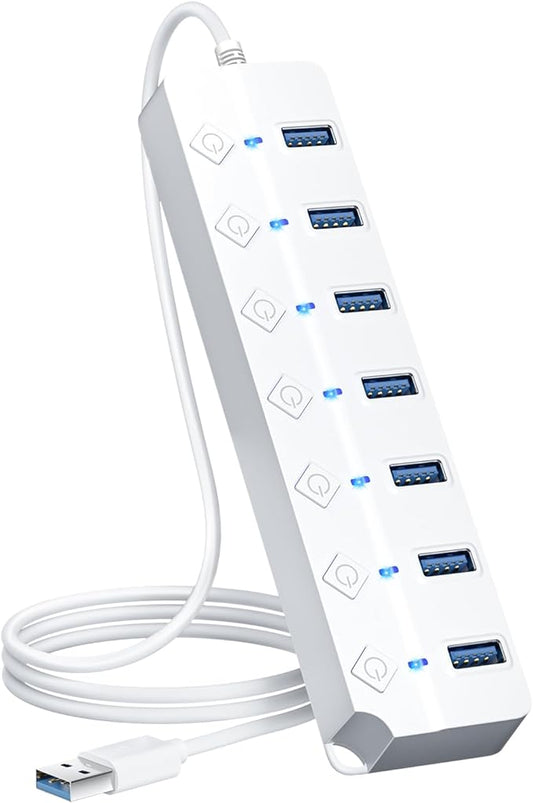 USB Hub 3.0, 7-Port USB Hub Splitter with Individual On/Off Switches and Lights, 3.2ft/1m Long Cable Compatible with MacBook, Laptop, Surface Pro, PS4, PC, Flash Drive, Mobile HDD-White
