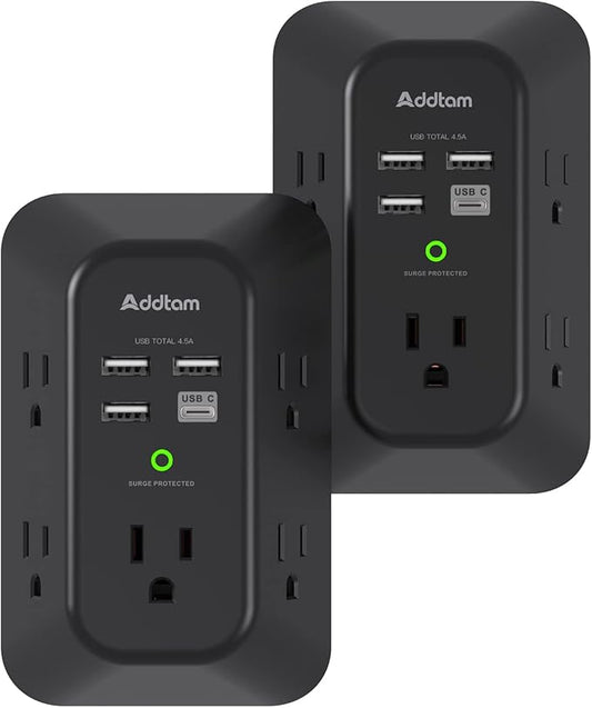 2 Pack Addtam USB Wall Charger Surge Protector, 5 Outlet Extender with 4 USB Charging Ports (1 USB C Outlet) 3 Sided 1800J Power Strip Multi Plug Outlets, Wall Adapter Spaced for Home Office, Black