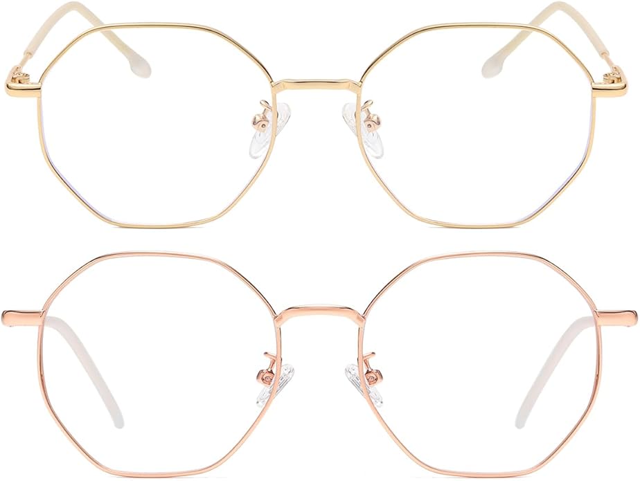 JOVAKIT Polygon Blue Light Blocking Glasses for Women Men Vintage Octagon Square Non-prescription Metal Eyeglasses