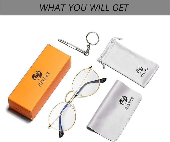 HJSTES Round Blue Light Glasses for Women Men Retro Circle Clear Lens Metal Frame Eyeglasses