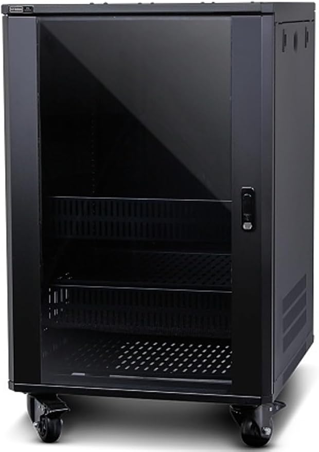 Strong SR-FS-SYSTEM-DC-15U FS-Series 15U Rack System with DC Fans, Steel with 24" Deep Black Powder Coat/Tinted & Tempered Glass Door, 750 lbs Maximum Load Weight, Low-Profile Casters