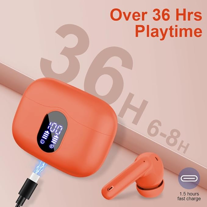 Wireless Earbuds, Bluetooth 5.4 Headphones Bass Stereo, Ear Buds with Noise Cancelling Mic LED Display, IP7 Waterproof in Ear Earphones, 36H Playtime for Laptop Pad Phones Sports Workout, Orange(2025)
