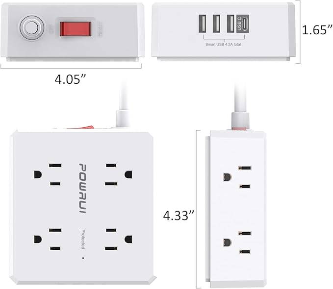Surge Protector Power Strip - 6 Ft Flat Plug Extension Cord with 8 Widely Outlets and 4 USB Ports(1 USB C), 3 Side Outlet Extender for Home Office, White, ETL Listed