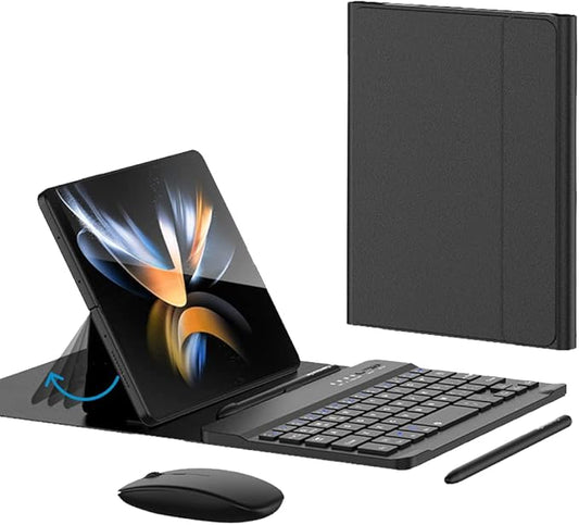 for Samsung Galaxy Z Fold 7 6 5 Keyboard and Mouse, Portable Mini 7.9 inch Bluetooth Keyboard with Leather Stand Case and Pen, 4 in 1 Travel Set for Z Trifold Fold7 Accessories,Black