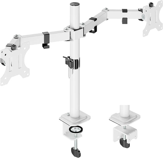 Dual Monitor Mount Stand for Two 17"-32" Flat/Curved Computer Screens, Fully Adjustable Dual Monitor Arms Hold up to 17.6lbs, VESA 75x75/100x100mm, C-Clamp/Grommet Base, White