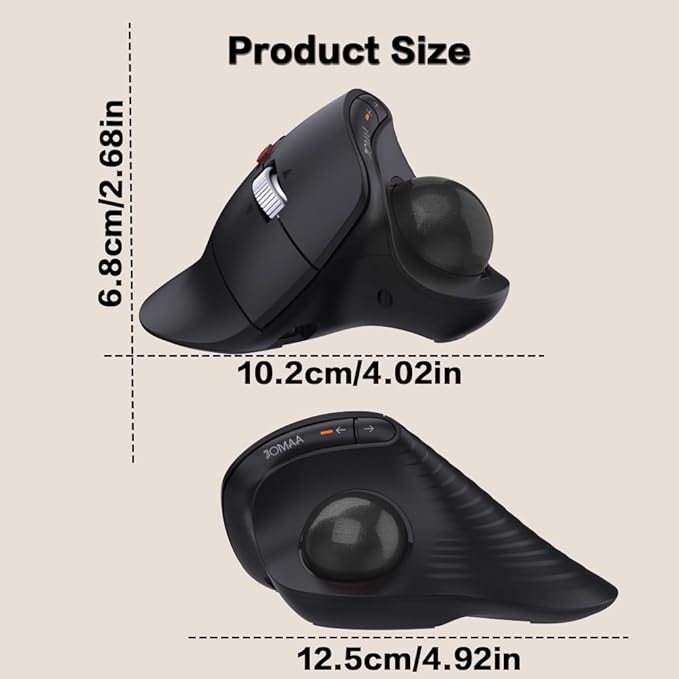 JOMAA Wireless Vertical Trackball Mouse - Ergonomic Design, 3-Device Switching, 2.4G/Bluetooth 5.0, Rechargeable Type-C, Adjustable DPI, Compatible with Windows/macOS/iOS/Android (Black)