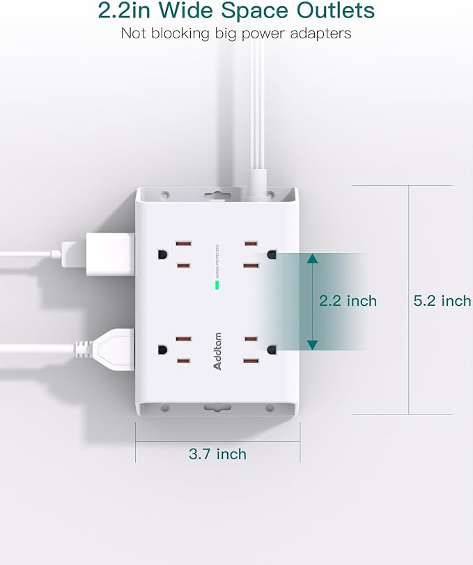10FT Flat Plug Extension Cord with Multiple Outlets, Surge Protector Power Strip 10 ft Cord, 8 Outlets 4 USB Ports (2 USB C), Multi Outlet Wall Plug for Home Office College Dorm Room Essentials