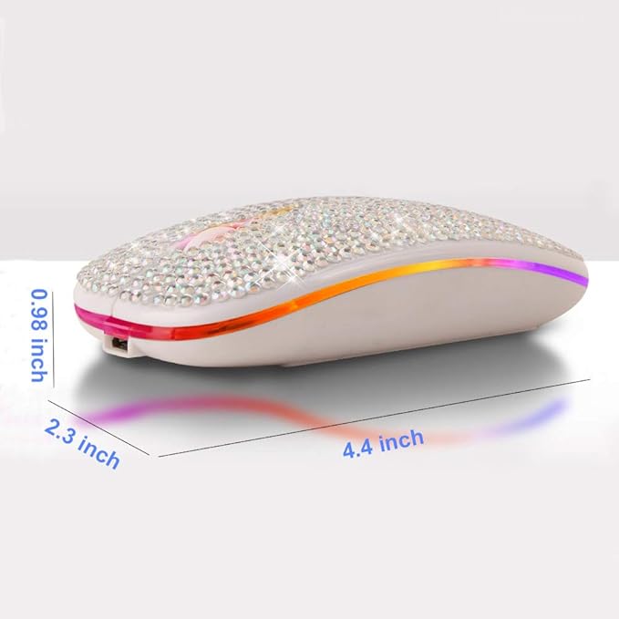 Bluetooth Mouse,Bling Dazzling 2.4GHz Rechargeable Wireless Mouse Slim Mouse with USB Receiver, Compatible with Notebook, PC, Laptop, Computer, MacBook,Great Present idea for Her (White)