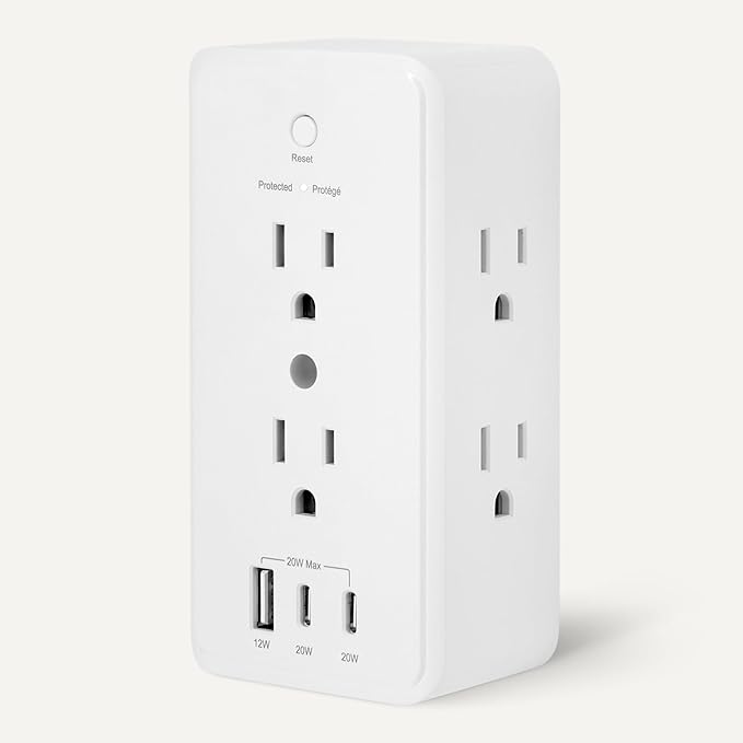 Amazon Basics Wall Mount Surge Protector Power Strip with 9-in-1 Hub, 1080 Joules, 6 AC Outlets, 1 USB-A and 2 USB-C (20W Fast Charging), White