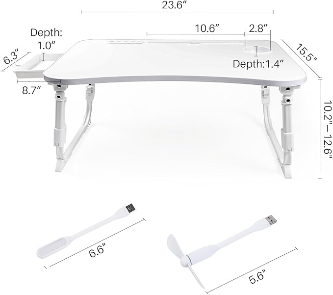 Laptop Desk for Bed, Height Adjustable Laptop Bed Table, Foldable Portable Lap Desk Stand with USB/Storage Drawer/Cup Holder/Slot, Breakfast Tray for Working Reading Writing Eating, White