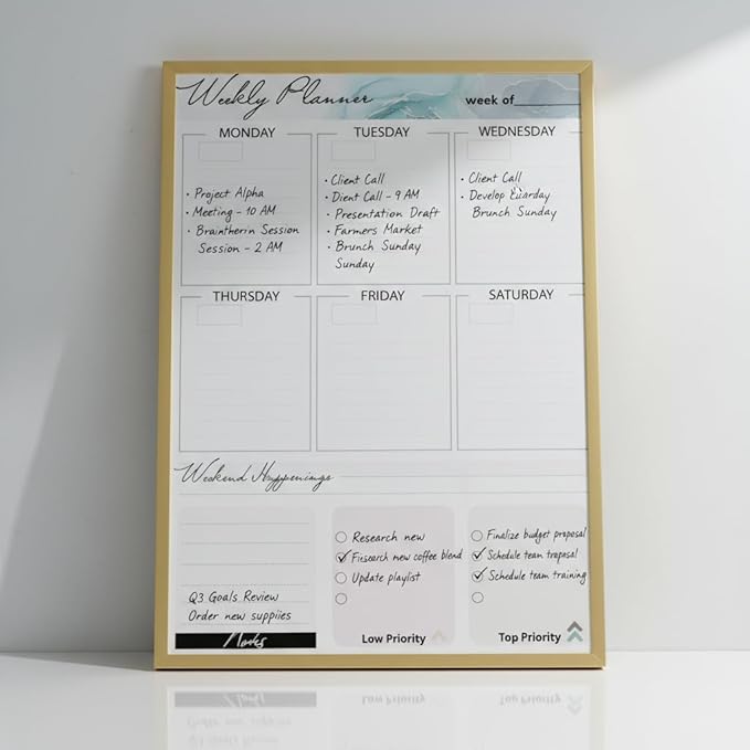 Small Whiteboard 12 x 16 Inch Magnetic Dry Erase Board with Stand & Wall Mount | Gold Aluminum Frame | Planner Board with Weekly & Monthly Sheets | 3 Markers, Eraser & 2 Magnets