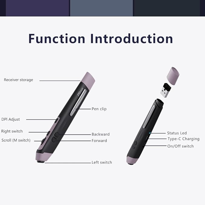 Plima Ergonomic Pen Mouse 2.0 - Dual Mode Bluetooth & 2.4G Wireless Optical Stylus Natural Pen-Tip Press-to-Click Design Pocket-Sized for Laptop, iWindows 7/8/10/11, Android, Linux, Mac OS(Purple)