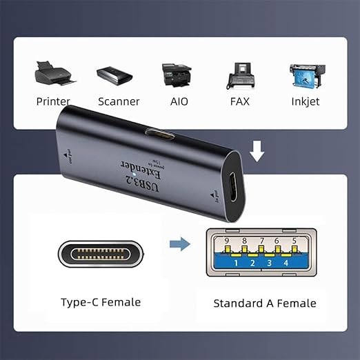 xiwai 5Gbps USB 3.0 Active Repeater Extender Type-C Female Host to Type-A Female Signal Amplifier Adapter with Chipset for Camera Printer Computer
