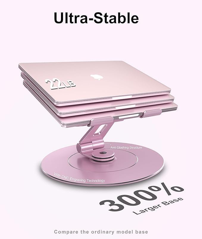 Ultra-Stable Aluminumy Laptop Stand for Desk with Foldable Phone Holder, Stylish Computer Stand for Women, Men Office, Printer Stand Fits Laptops, Pink