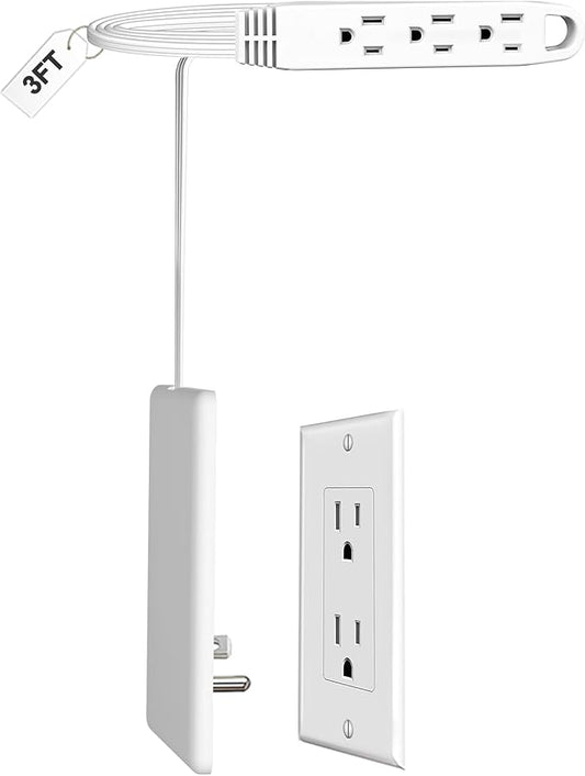 3FT Ultra Flat Plug Extension Cord Power Strip with Multi Outlets, Patented Detachable Ultra-Thin Outlet Concealer & Ultra-Flat Plug, Ideal for Home Improvement, Hide Bulky and Messy Cords