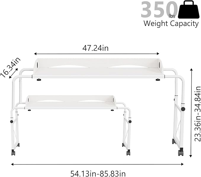BYMECOST Laptop Desk for Bed, Adjustable Height & Length Laptop Bed Table,Overbed Table with Wheels for Queen Size Beds,Rolling Standing Desk,Over Bed Desk for Working Reading Eating (White)