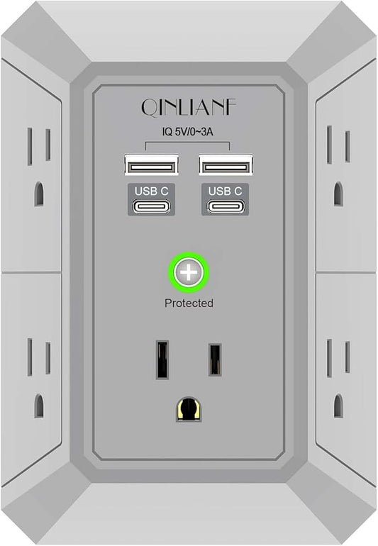 USB Wall Charger, Surge Protector, QINLIANF 5 Outlet Extender with 4 USB Charging Ports(2U2C) 3-Sided 1680J Power Strip Multi Plug Outlets Wall Adapter Spaced for Home Travel Office, Grey