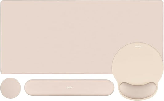 MOSISO Wrist Rest for Keyboard Mouse Pad Set, Large Gaming Deskpad&Circle Curved Mousepad&Keyboard Wrist Rest&Coaster, Ergonomic Non-Slip Mousepad&Easy Typing Pad with Silicone Lining, Apricot