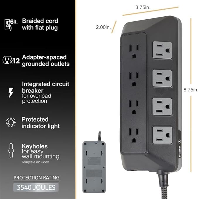 GE UltraPro Adapt 12-Outlet Surge Protector, 6ft Braided Heavy Duty Extension Cord, Flat Plug Power Strip, 3540 Joules, Black, 74542
