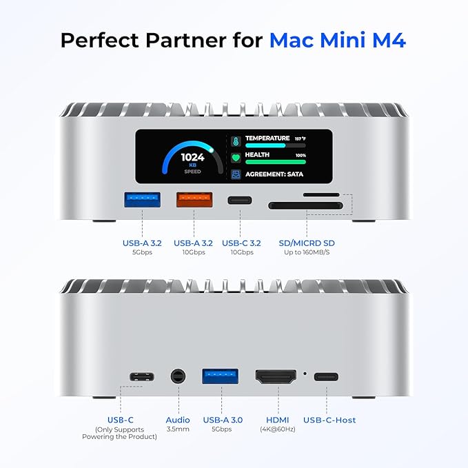 All-in-One Dock for Mac mini M4 with Smart Displays, NVMe/SATA SSD Enclosure, 4K60Hz HDMI, 10G USB-A/C, 5G USB-A*2, USB-C Charging, SD/TF, Audio – Mac mini M4 HUB &Docking Station