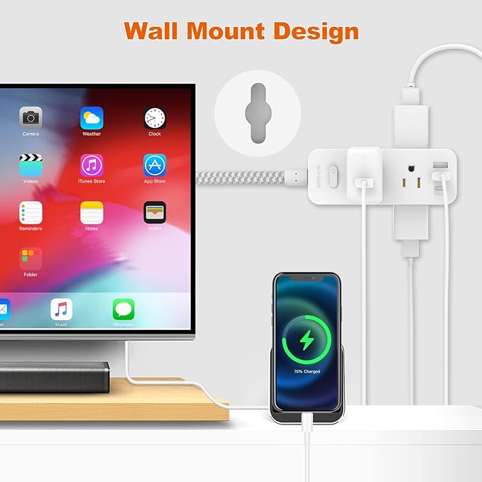15Ft Extension Cord, BESHON Power Strip Surge Protector, 6 Outlets with 3 USB Ports(1 USB C Outlet), 3-Side Outlet Extender, Wall Mount, Compact for Home, College Dorm Room