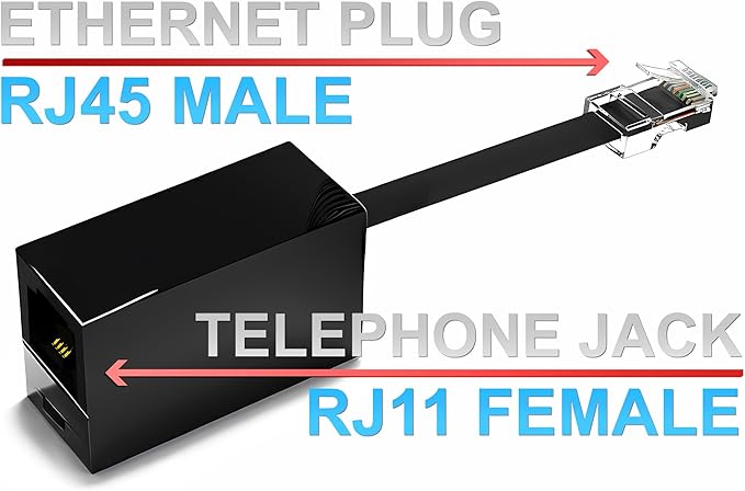 1-Pack RJ11 to RJ45 Adapter Phone Line to Ethernet – RJ11 Female to RJ45 Male for Landline, Fax, DSL Modem Connection (Black, Made in USA)