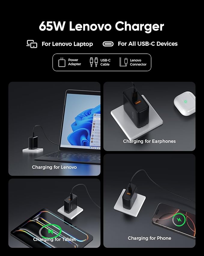 65W Lenovo Charger, Lenovo Laptop Charger for ThinkPad T/E/G Series, Compatible with 11x4.5mm Square Tip & All USB-C Devices