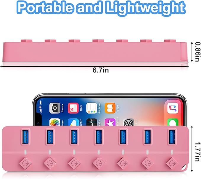 USB Hub 3.0, 7-Port USB Hub Splitter with Individual On/Off Switches and Lights, 3.2ft/1m Long Cable Compatible with MacBook, Laptop, Surface Pro, PS4, PC, Flash Drive, Mobile HDD-Pink