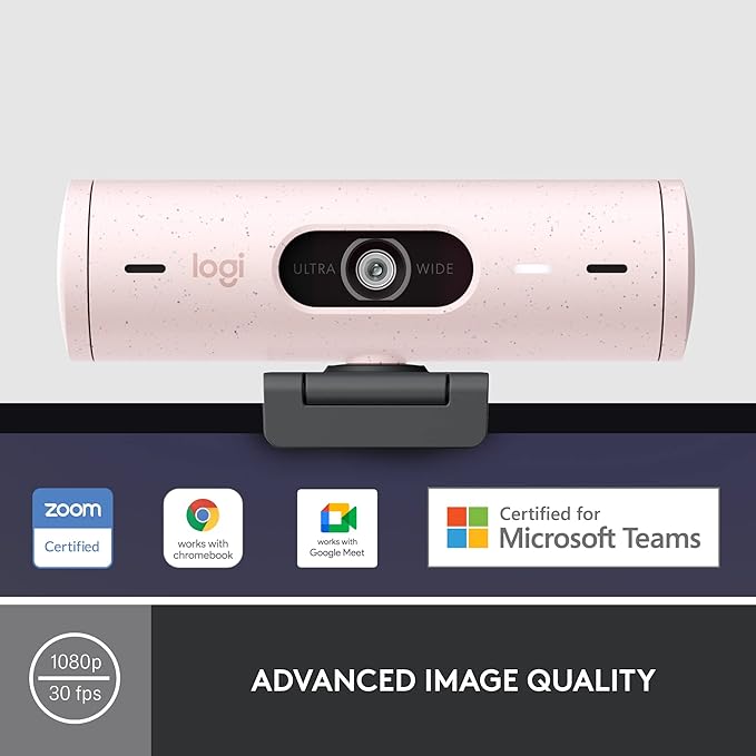 Logitech Brio 500 Full HD 1080p Webcam with Auto Light Correction, Dual Noise Reduction Mics, Privacy Cover, Works with Teams, Meet, Zoom - Rose