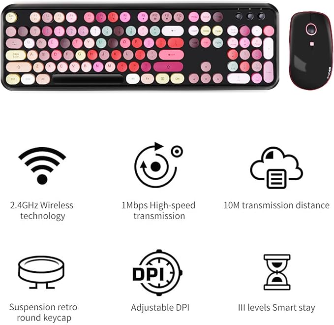 Wireless Keyboard and Mouse | Cute Colorful Keyboard and Mouse with 2.4GHz Cordless Retro Typewriter Keyboard | Auto-Sleep | USB Receiver for Windows PC/Laptop - Black Colorful