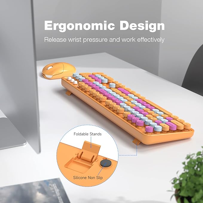 MOFII Wireless Keyboard and Mouse Combo, Retro Keyboard with Round Keycaps, 2.4GHz Dropout-Free Connection, Cute USB Mouse for PC/Laptop/Windows XP/7/8/10 (Orange-Colorful)