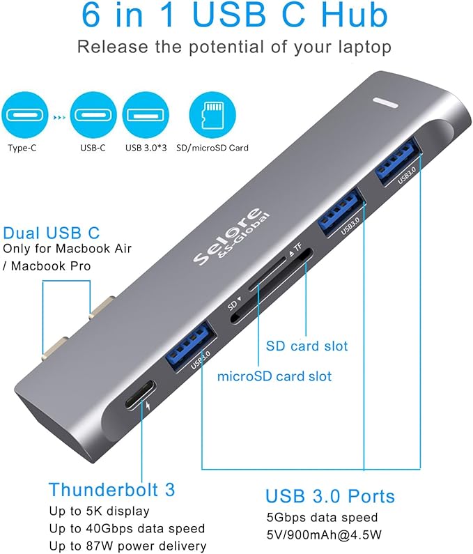 USB C Adapter for MacBook Pro/Air M1 M2 M3 2021 2020 2019 13" 15" 16", 6 in 1 USB-C Hub MacBook Pro Accessories with 3 USB 3.0 Ports,USB C to microSD/SD Card Reader and 100W Thunderbolt 3 PD Port