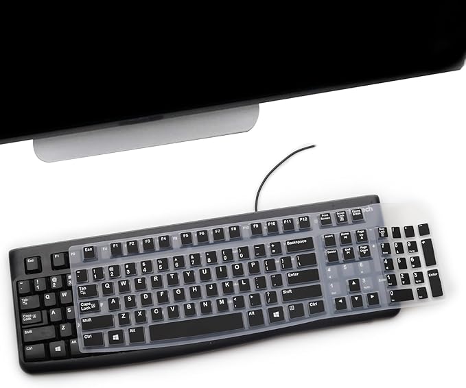 2 Pack Keyboard Cover for Logitech K120 & MK120 Ergonomic Desktop USB Keyboard, Logitech K120 & MK120 US Layout Waterproof Anti-Dust Keyboard Skin-Black+Clear