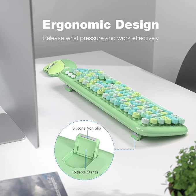 KNOWSQT Wireless Keyboard and Mouse Combo Pale Green - Colorful 104 Key 2.4G Round Keycap Typewriter Keyboards, USB Dongle Plug and Play, for Laptop, Windows, PC, Mac, Desktop