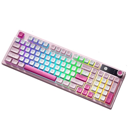 HP K500F Wireless RGB Keyboard, Tri-Mode (2.4G/BT/Wired), 99 Keys Membrane Keyboard with Volume Knob, 3000mAh Battery, Adjustable RGB Breathing Light, Round Keycaps, Windows Compatible, Pink