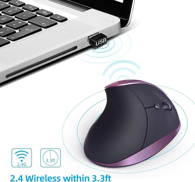 Ergonomic Mouse Wireless,Vertical Mouse with Silent Click Right Handed Small Mouses with 6 Buttons 1000/1200/1600 for Laptop,Desktop,PC, MacBook（Purple AA）