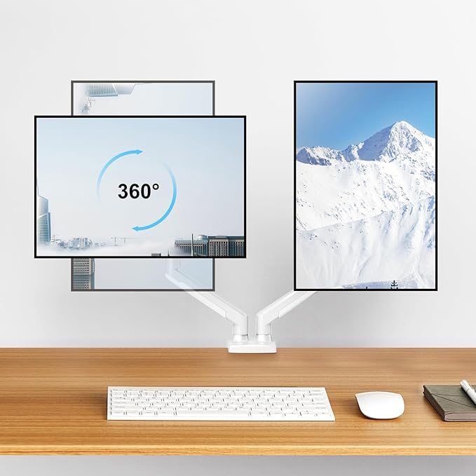 Dual Monitor Mount Fits 13 to 32 Inch Computer Screen, Dual Monitor Arm Hold 4.4-19.8lbs Each, Full Motion Monitor Desk Mounts for 2 Monitors, Gas Spring Monitor Stand, VESA Mount, White