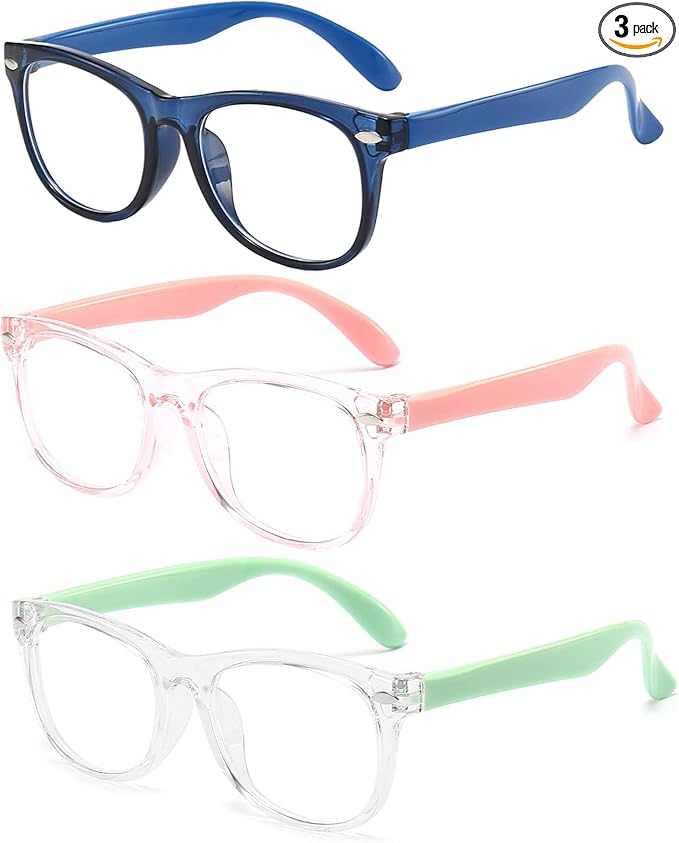 3 Pack kids Blue Light Blocking Glasses For Girls And Boys Computer Blue Light Blocking Glasses For Age 3-9 (Dark blue + Light pink +Light green)