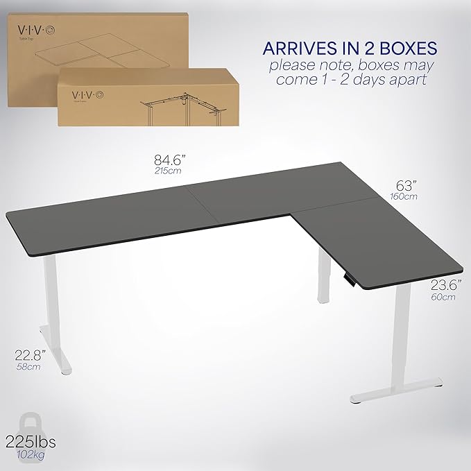 VIVO Corner Standing Desk, 84 x 63 inch Reversible L-Shaped Workstation, Electric Height Adjustment, Home, Office, and Reception Rooms, Black Table Top White Frame, DESK-E3CTWB-84
