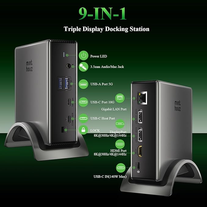 Minthouz USB C Docking Station for Laptop, Triple 4K Display with Dual DisplayPort & HDMI,140W Power Delivery, 10Gbps USB A/C Ports, Gigabit Ethernet, Audio/Mic USB C Hub for MacBook,Dell,HP,Surface