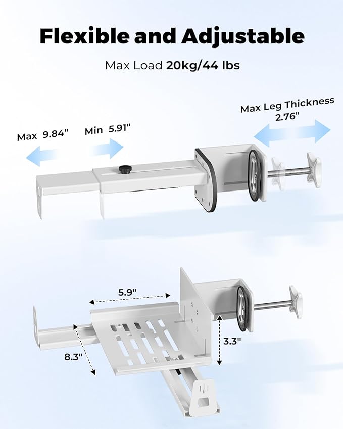 JOY worker Upgraded Under Desk PC Mount for Standing Desk, Clamp-On Desk Leg Computer Mount with Extra Protective Arms, Adjustable Computer Case CPU Holder Holds Up to 44lbs, White