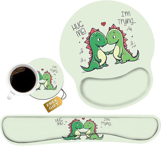 Keyboard and Mouse Wrist Rest Pad Set with Coasters, Ergonomic Support, Non-Slip PU Base, Easy Typing and Relieve Wrist Pain, Perfect for Home Office Working Studying, Cute Little Dinosaur