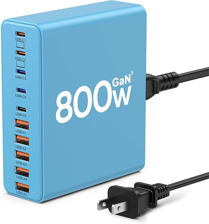 800W USB C Charger Block,10-Port Charging Station GaN Fast Charging Type C & USB A Wall Charger Adapter for MacBook Pro/Air,iPhone,iPad,Dell XPS,Samsung Galaxy(Blue)