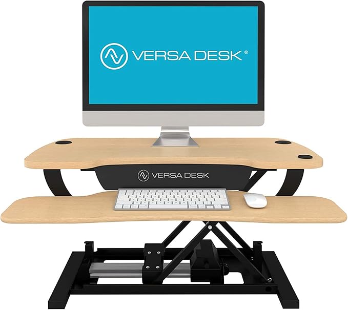 VERSADESK Electric Standing Desk Converter, 36 Inch PowerPro™ Height Adjustable Sit Stand Desktop Riser with Keyboard Tray, Built-in USB Charging Port, Holds 80 lbs, Push-Button Switch, Maple