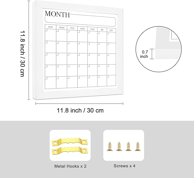 Monthly Calendar Dry Erase Board for Wall, 11.8" x 11.8" Magnetic Surface Whiteboard with White Wooden Frame, Hanging White Board Calendar for Decor/Memo(YL-WH,3030)
