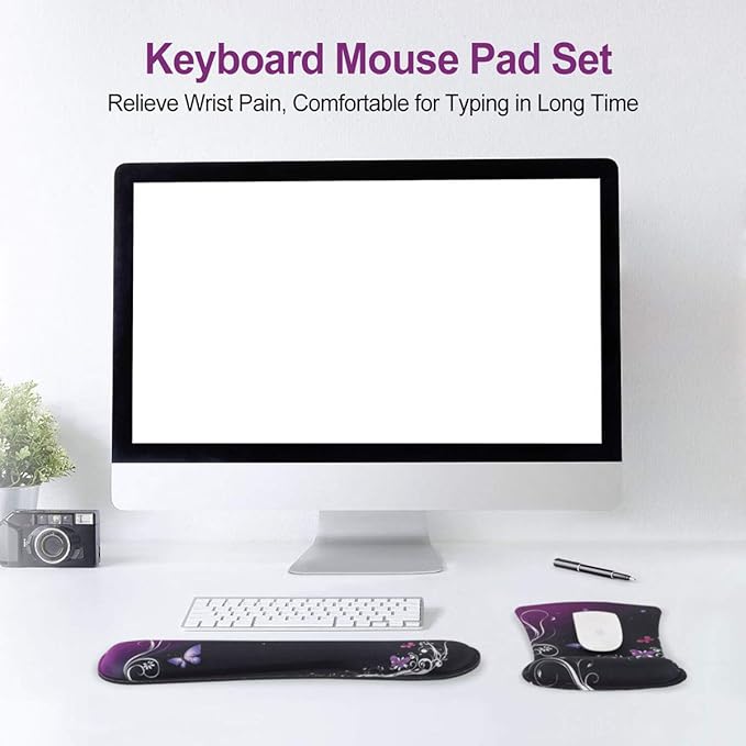 ToLuLu Keyboard Wrist Rest Pad Ergonomic Mouse Pad Set, Mouse Pad for Computer Laptop, Non Slip Mousepad Keyboard Wrist Support with Raised Memory Foam for Easy Typing Pain Relief, Purple Butterfly