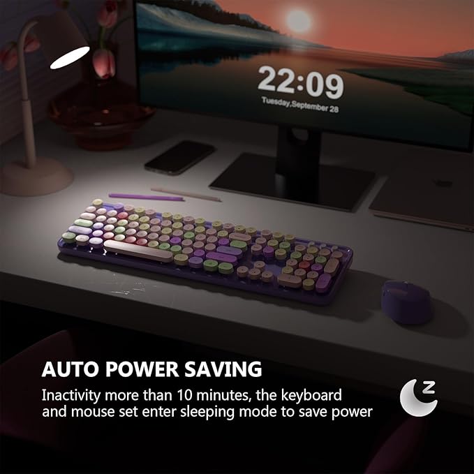 Wireless Keyboard and Mouse Combo, MOFII Full-Size Retro Round Keyboard and Mouse, 2.4 GHz Wireless, Plug and Play, 8 Multimedia & Shortcut Keysfor Mac, Windows, Laptop/Desktop/PC (Purple)