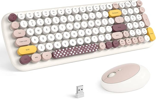 MOFII Wireless Keyboard and Mouse Combo, Full-Size Retro Typewriter-Style Wireless Keyboard with Optical Mouse for Computer/Laptop/Windows/Mac (Off White Colorful)