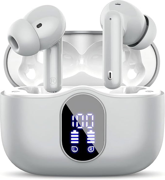 Btootos Wireless Earbuds Bluetooth 5.3 Headphones Bass Stereo Ear Buds with Noise Cancelling Mic LED Display in Ear Earphones IP7 Waterproof 36H Playtime for Laptop Pad Phones Sports Graphite Gray