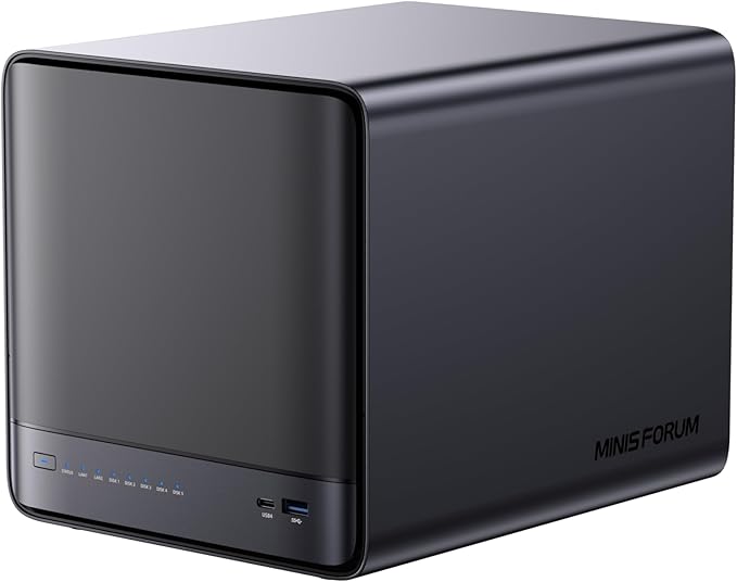 MINISFORUM Desktop NAS N5 Pro 5 Bay, AMD Ryzen AI 9 HX PRO 370(12C/24T),96GB ECC DDR5,128GB SSD,1*10Gbe,1*5Gbe,2*USB4(8K),8K HDMI,1xM.2 Slot & 2xU.2/M.2 Slots up to 188TB, Network Attached Storage